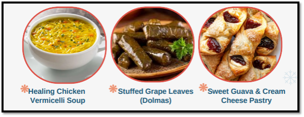 pictures of food -- soup grape leaves and pastry 